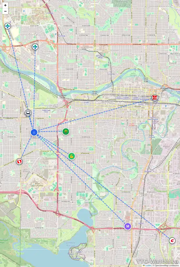 Daily accessibility map for 2417 31 ST SW, Calgary showing nearby schools, grocery stores, parks, LRT stations and nearby amenities