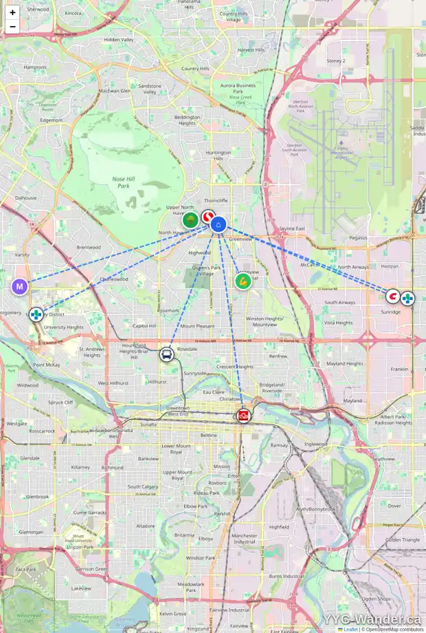 Daily accessibility map for 5319 THORNTON RD NW, Calgary showing nearby schools, grocery stores, parks, LRT stations and nearby amenities