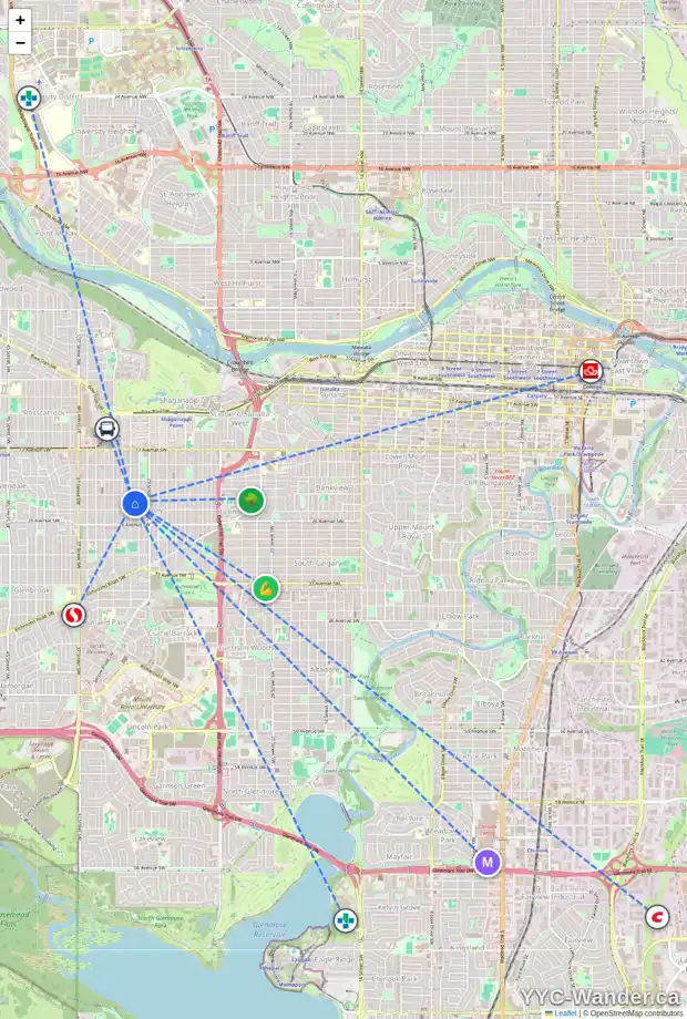 Daily accessibility map for 2418 31 ST SW, Calgary showing nearby schools, grocery stores, parks, LRT stations and nearby amenities