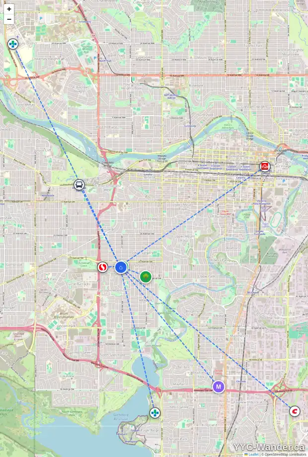 Daily accessibility map for 200 2113 34 AV SW, Calgary showing nearby schools, grocery stores, parks, LRT stations and nearby amenities