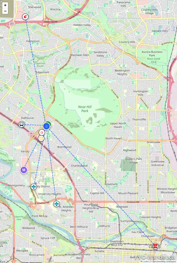 Daily accessibility map for 3712 BENTON DR NW, Calgary showing nearby schools, grocery stores, parks, LRT stations and nearby amenities