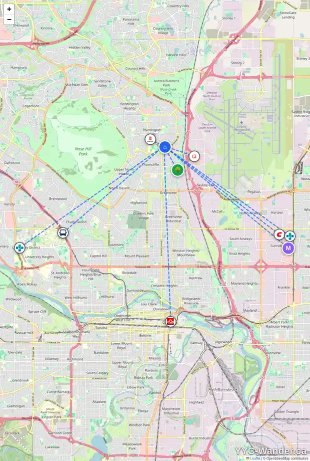 Daily accessibility map for 6807 HUNTRIDGE HL NE, Calgary showing nearby schools, grocery stores, parks, LRT stations and nearby amenities