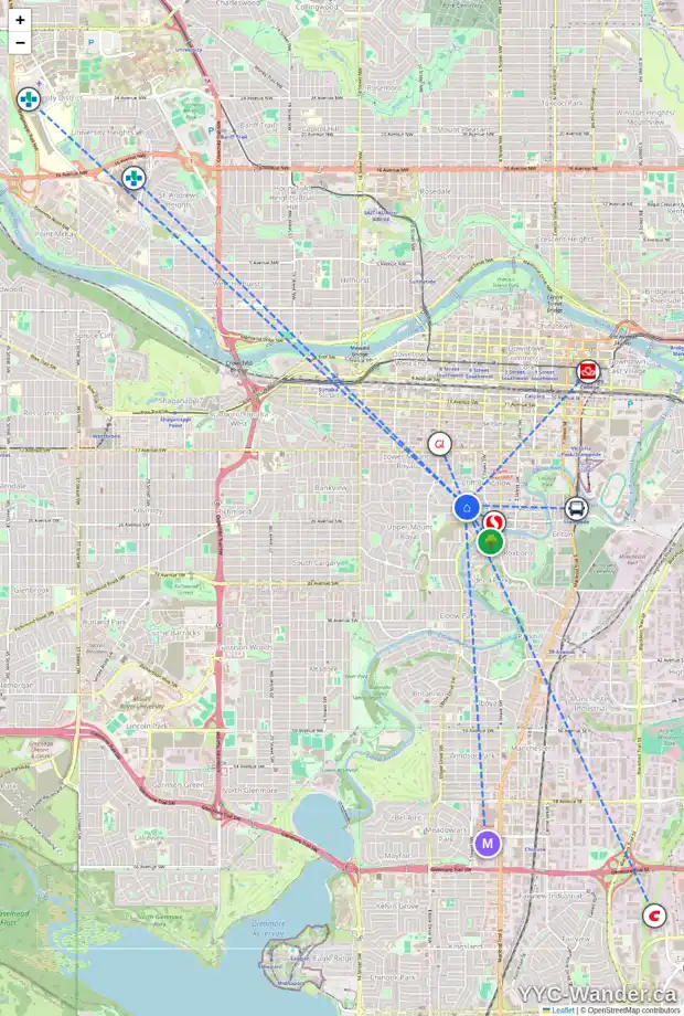 Daily accessibility map for 626 HILLCREST AV SW, Calgary showing nearby schools, grocery stores, parks, LRT stations and nearby amenities