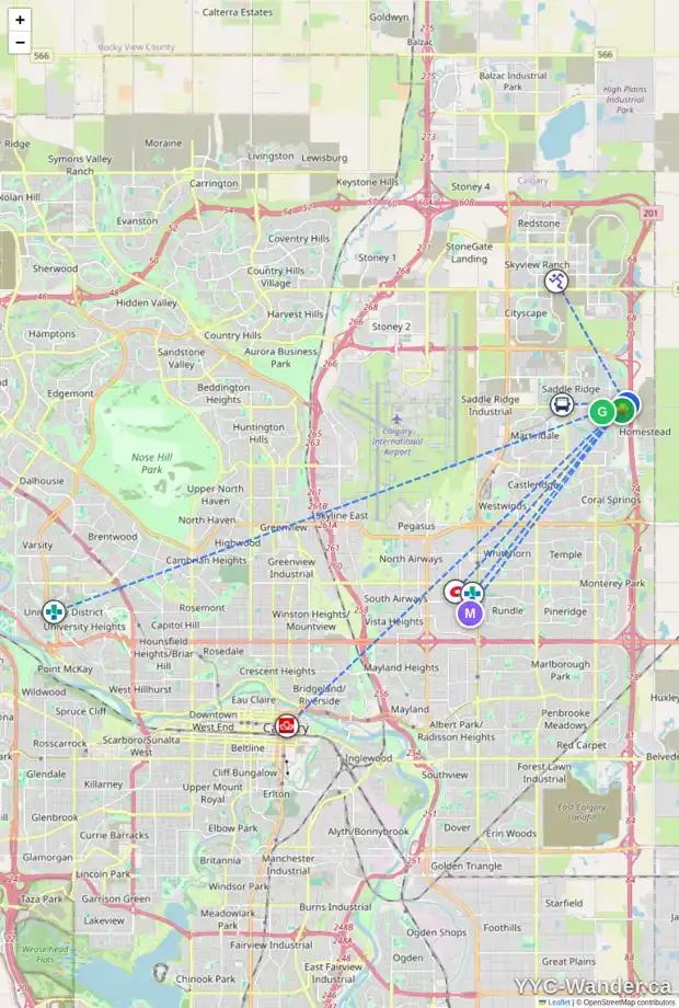 Daily accessibility map for 38 SADDLESTONE PL NE, Calgary showing nearby schools, grocery stores, parks, LRT stations and nearby amenities