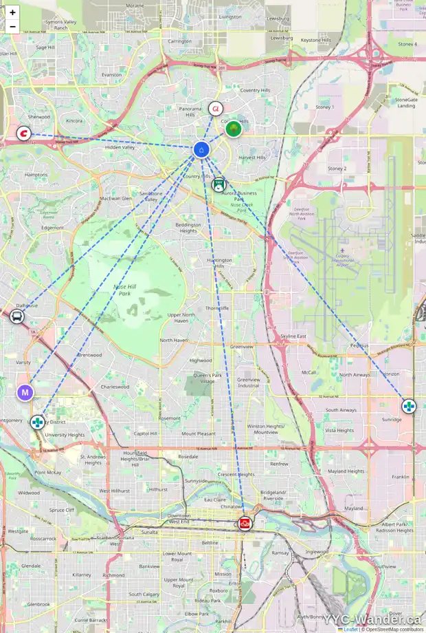 Daily accessibility map for 622 PANORAMA HILLS DR NW, Calgary showing nearby schools, grocery stores, parks, LRT stations and nearby amenities