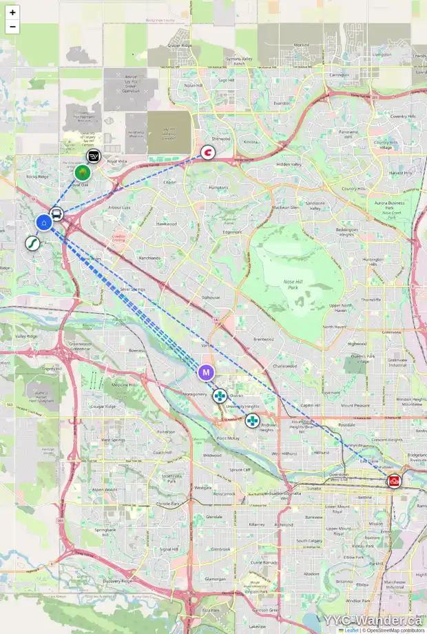 Daily accessibility map for 44 TUSCANY SPRINGS PA NW, Calgary showing nearby schools, grocery stores, parks, LRT stations and nearby amenities