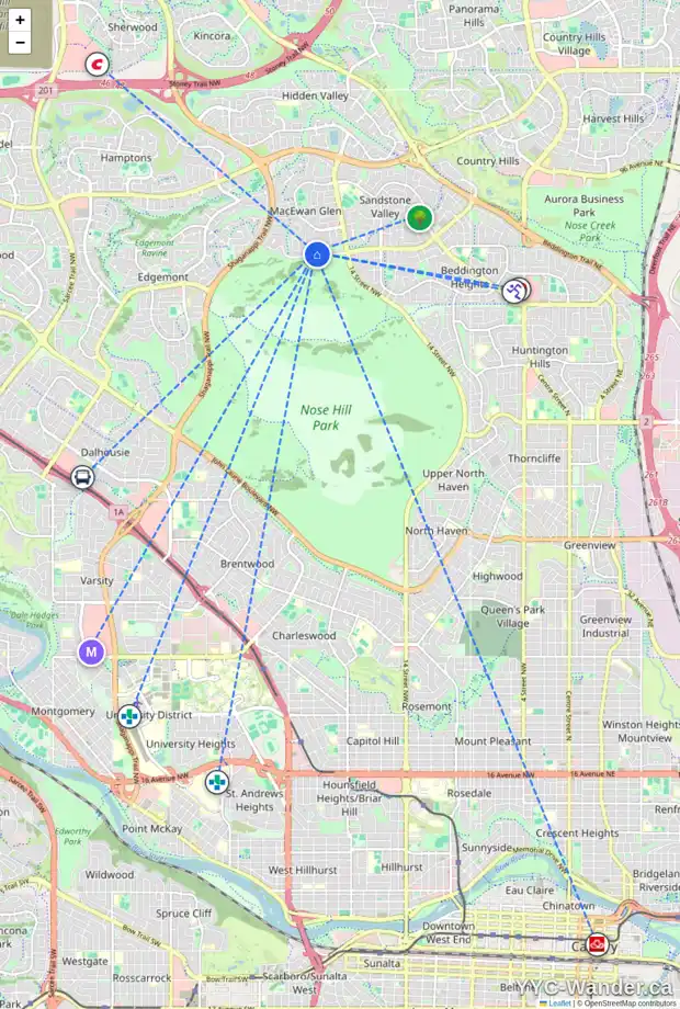 Daily accessibility map for 15 MACEWAN GLEN WY NW, Calgary showing nearby schools, grocery stores, parks, LRT stations and nearby amenities