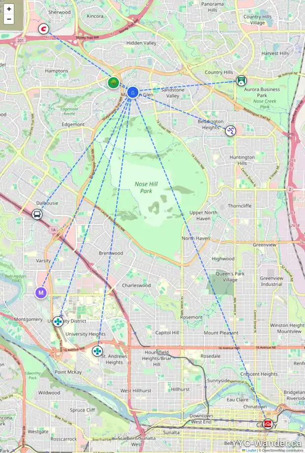 Daily accessibility map for 299 MACEWAN DR NW, Calgary showing nearby schools, grocery stores, parks, LRT stations and nearby amenities