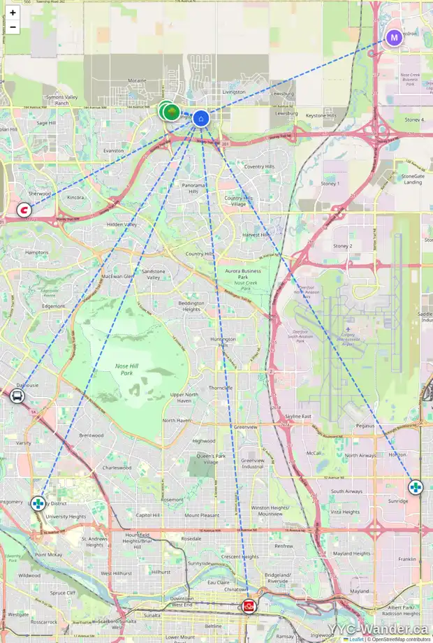 Daily accessibility map for 141 CARRINGVUE PA NW, Calgary showing nearby schools, grocery stores, parks, LRT stations and nearby amenities