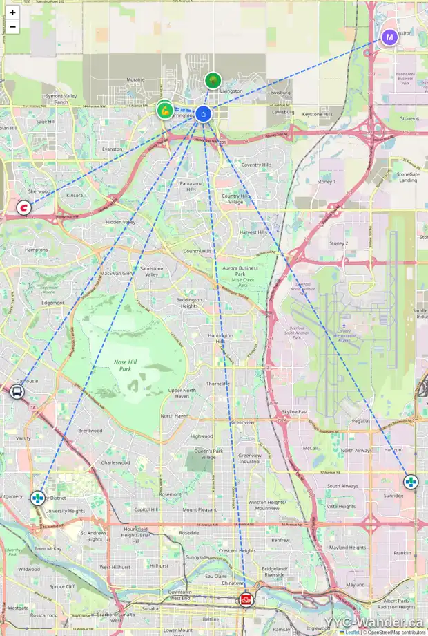 Daily accessibility map for 16 CARRINGVUE WY NW, Calgary showing nearby schools, grocery stores, parks, LRT stations and nearby amenities