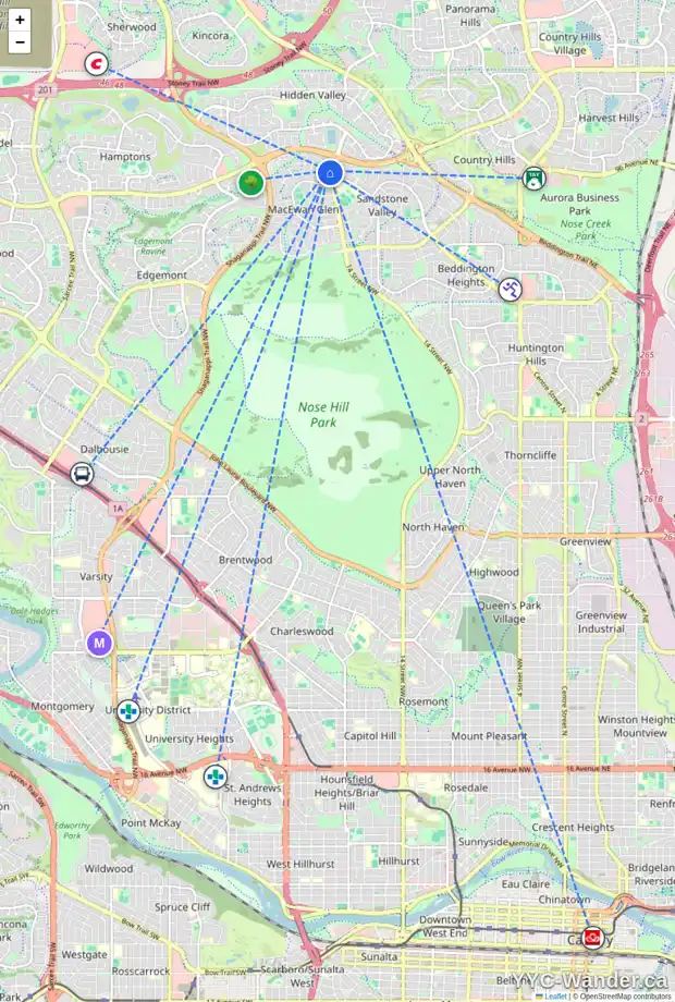 Daily accessibility map for 308 MACEWAN VALLEY RD NW, Calgary showing nearby schools, grocery stores, parks, LRT stations and nearby amenities