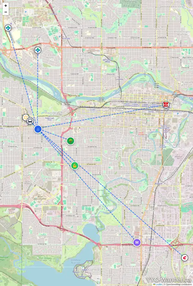 Daily accessibility map for 1920 31 ST SW, Calgary showing nearby schools, grocery stores, parks, LRT stations and nearby amenities