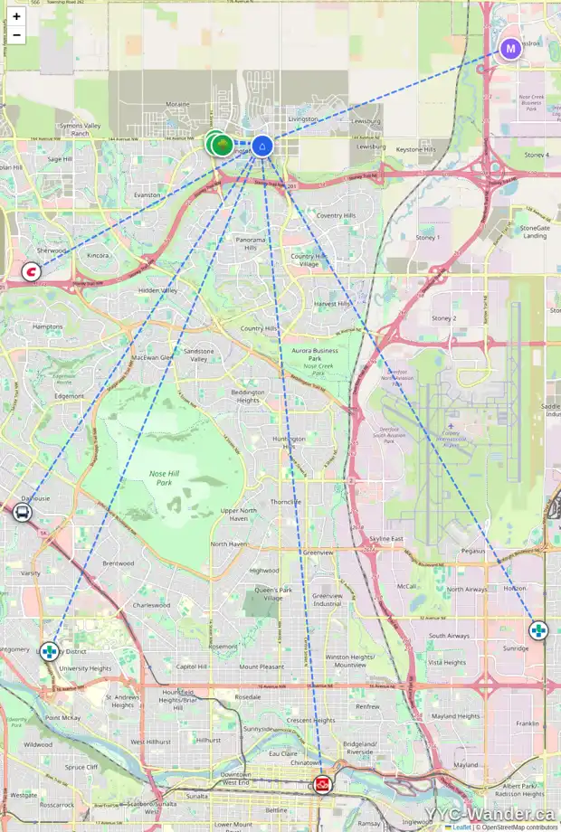 Daily accessibility map for 41 CARRINGVUE LI NW, Calgary showing nearby schools, grocery stores, parks, LRT stations and nearby amenities