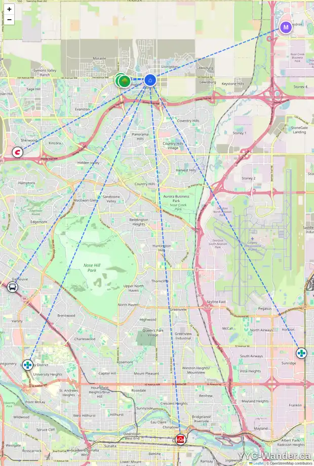 Daily accessibility map for 40 CARRINGTON BV NW, Calgary showing nearby schools, grocery stores, parks, LRT stations and nearby amenities