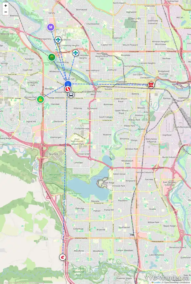 Daily accessibility map for 627 36 ST SW, Calgary showing nearby schools, grocery stores, parks, LRT stations and nearby amenities