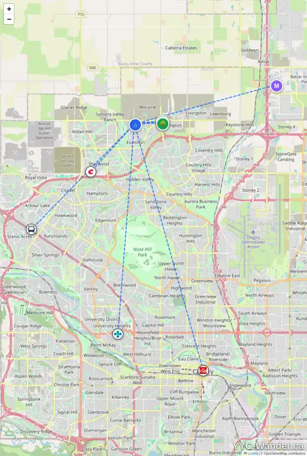 Daily accessibility map for 59 EVANSFIELD CL NW, Calgary showing nearby schools, grocery stores, parks, LRT stations and nearby amenities