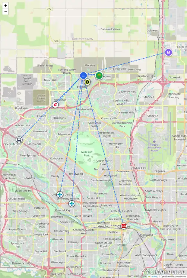 Daily accessibility map for 28 EVANSFIELD CL NW, Calgary showing nearby schools, grocery stores, parks, LRT stations and nearby amenities