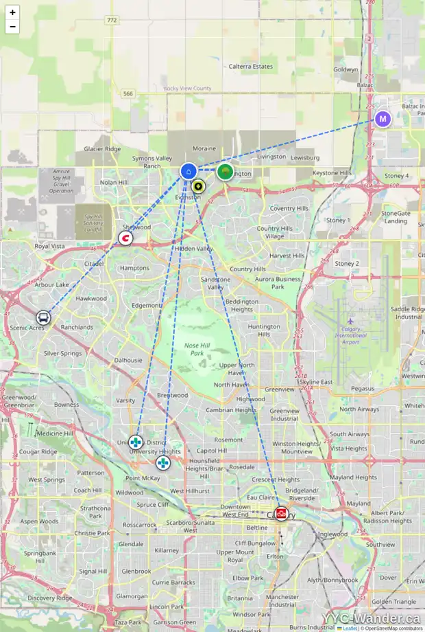 Daily accessibility map for 84 EVANSFIELD CL NW, Calgary showing nearby schools, grocery stores, parks, LRT stations and nearby amenities