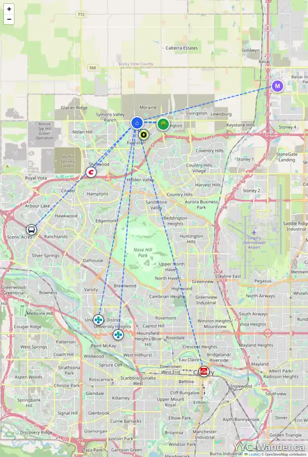 Daily accessibility map for 168 EVANSFIELD CL NW, Calgary showing nearby schools, grocery stores, parks, LRT stations and nearby amenities