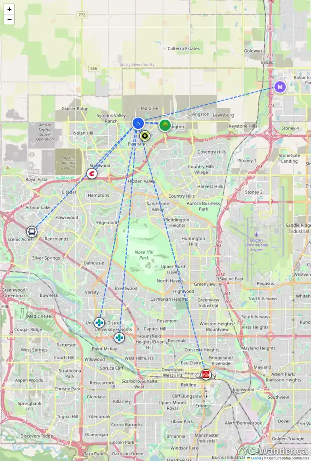 Daily accessibility map for 139 EVANSFIELD CL NW, Calgary showing nearby schools, grocery stores, parks, LRT stations and nearby amenities