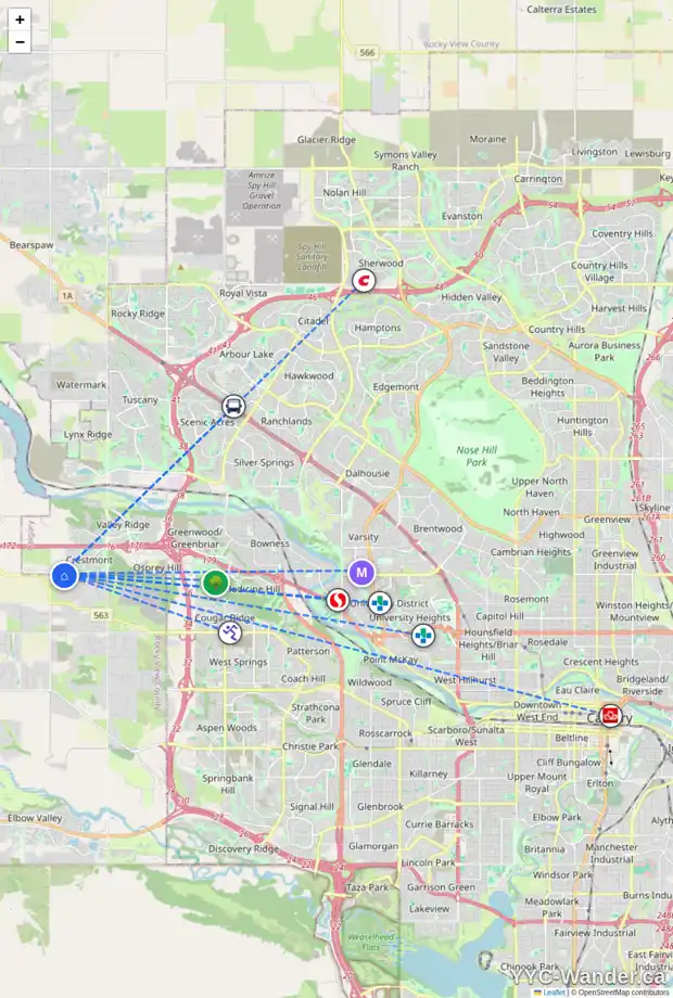 Daily accessibility map for 243 CRESTRIDGE HL SW, Calgary showing nearby schools, grocery stores, parks, LRT stations and nearby amenities