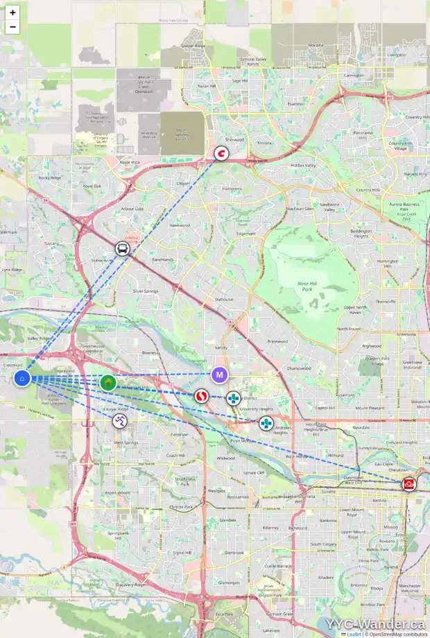 Daily accessibility map for 40 CRESTRIDGE HT SW, Calgary showing nearby schools, grocery stores, parks, LRT stations and nearby amenities