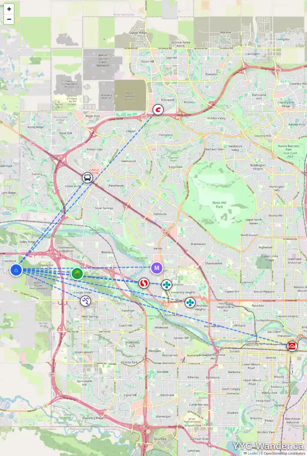 Daily accessibility map for 36 CRESTRIDGE HT SW, Calgary showing nearby schools, grocery stores, parks, LRT stations and nearby amenities