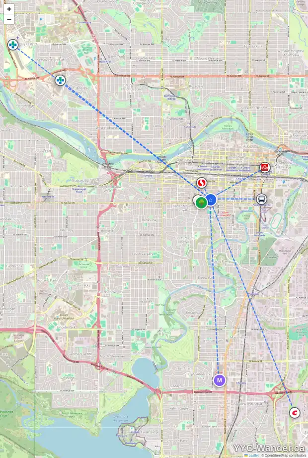 Daily accessibility map for 1204 1501 6 ST SW, Calgary showing nearby schools, grocery stores, parks, LRT stations and nearby amenities