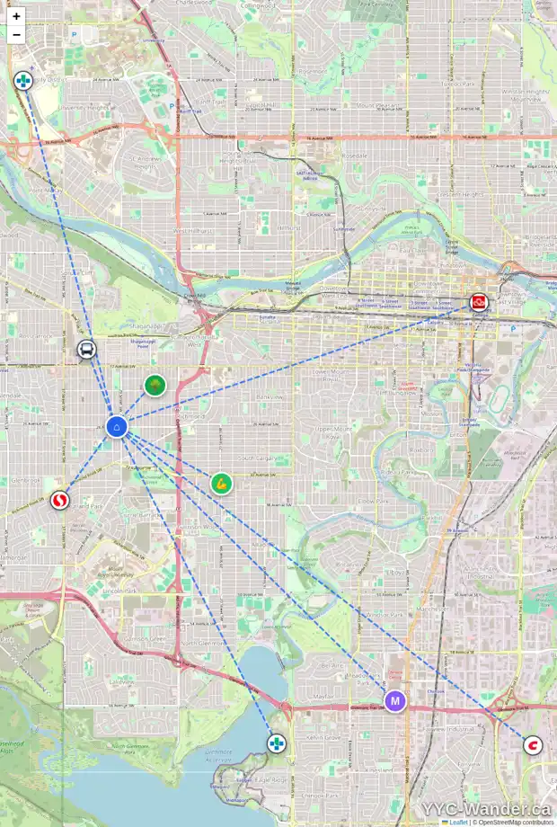 Daily accessibility map for 2636 30 ST SW, Calgary showing nearby schools, grocery stores, parks, LRT stations and nearby amenities