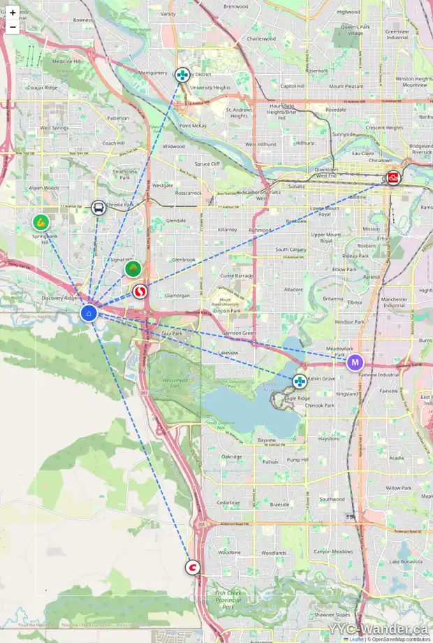 Daily accessibility map for 208 DISCOVERY DR SW, Calgary showing nearby schools, grocery stores, parks, LRT stations and nearby amenities