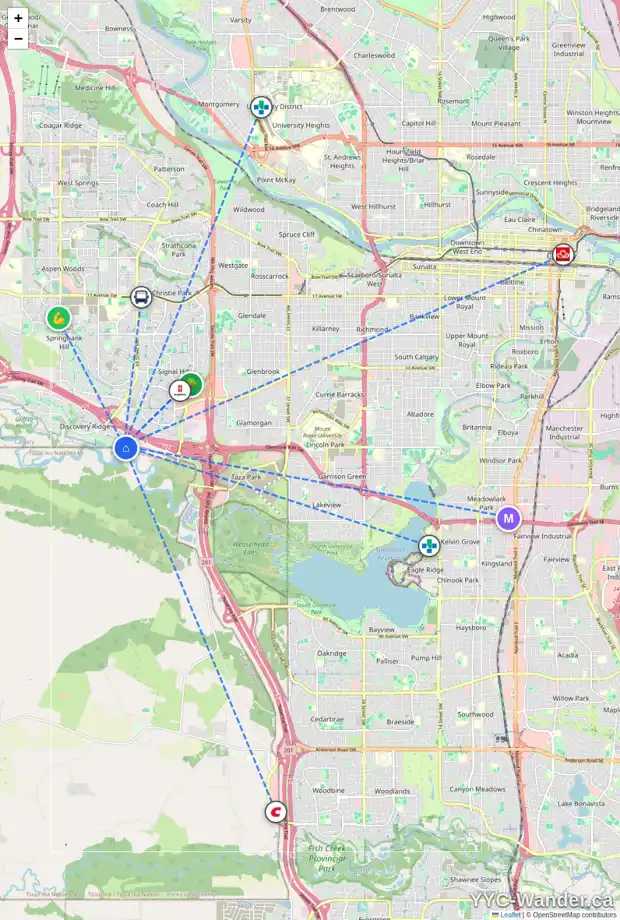 Daily accessibility map for 216 DISCOVERY DR SW, Calgary showing nearby schools, grocery stores, parks, LRT stations and nearby amenities