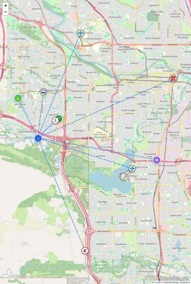 Daily accessibility map for 228 DISCOVERY DR SW, Calgary showing nearby schools, grocery stores, parks, LRT stations and nearby amenities