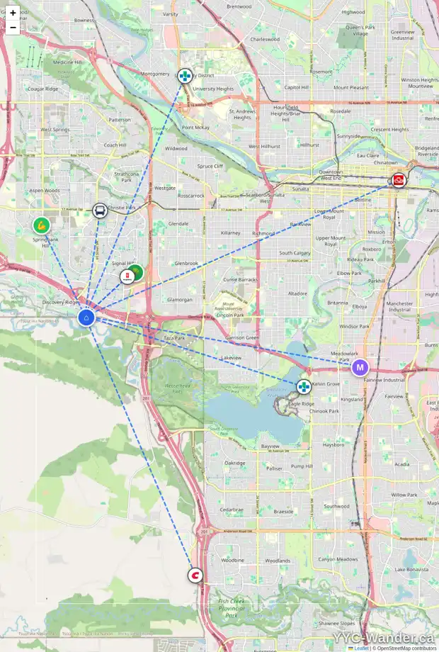 Daily accessibility map for 240 DISCOVERY DR SW, Calgary showing nearby schools, grocery stores, parks, LRT stations and nearby amenities