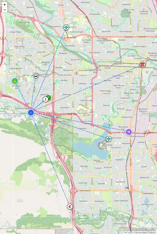Daily accessibility map for 131 DISCOVERY DR SW, Calgary showing nearby schools, grocery stores, parks, LRT stations and nearby amenities