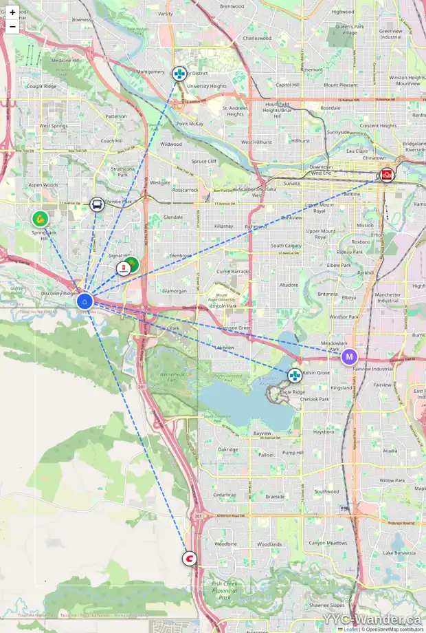 Daily accessibility map for 472 DISCOVERY PL SW, Calgary showing nearby schools, grocery stores, parks, LRT stations and nearby amenities