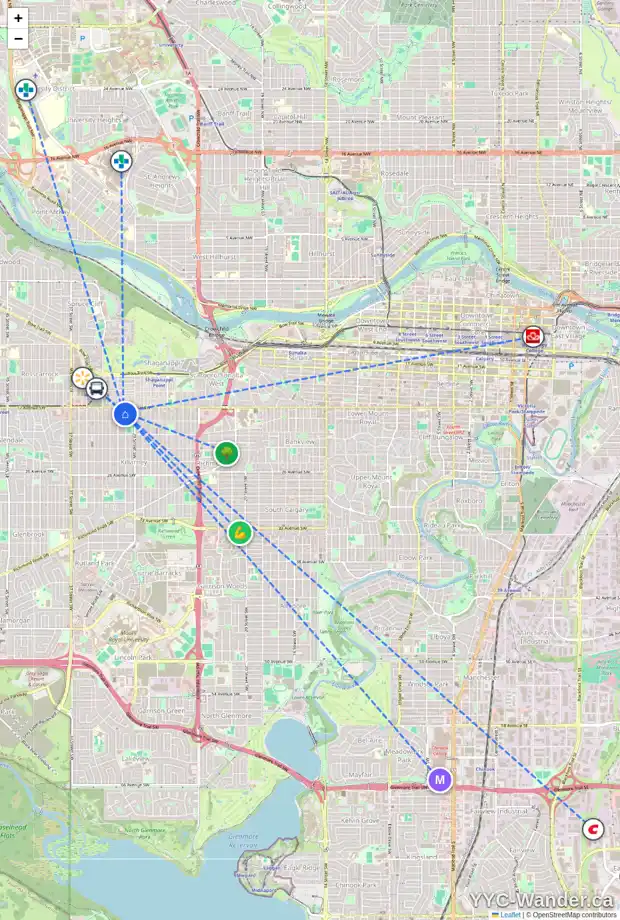 Daily accessibility map for 1 1915 30 ST SW, Calgary showing nearby schools, grocery stores, parks, LRT stations and nearby amenities