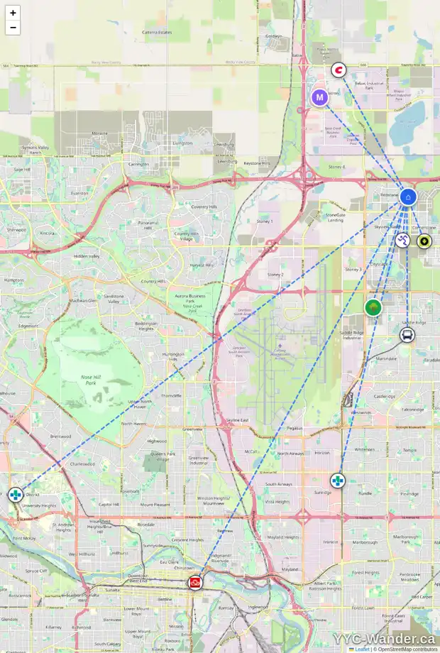 Daily accessibility map for 104 RED EMBERS PL NE, Calgary showing nearby schools, grocery stores, parks, LRT stations and nearby amenities