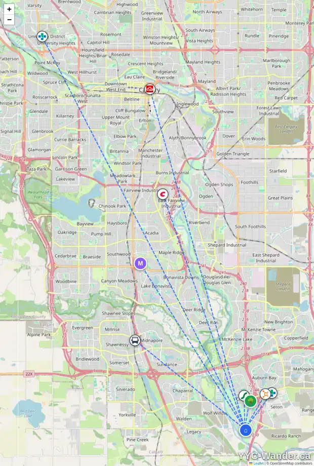 Daily accessibility map for 75 CRANBROOK GR SE, Calgary showing nearby schools, grocery stores, parks, LRT stations and nearby amenities