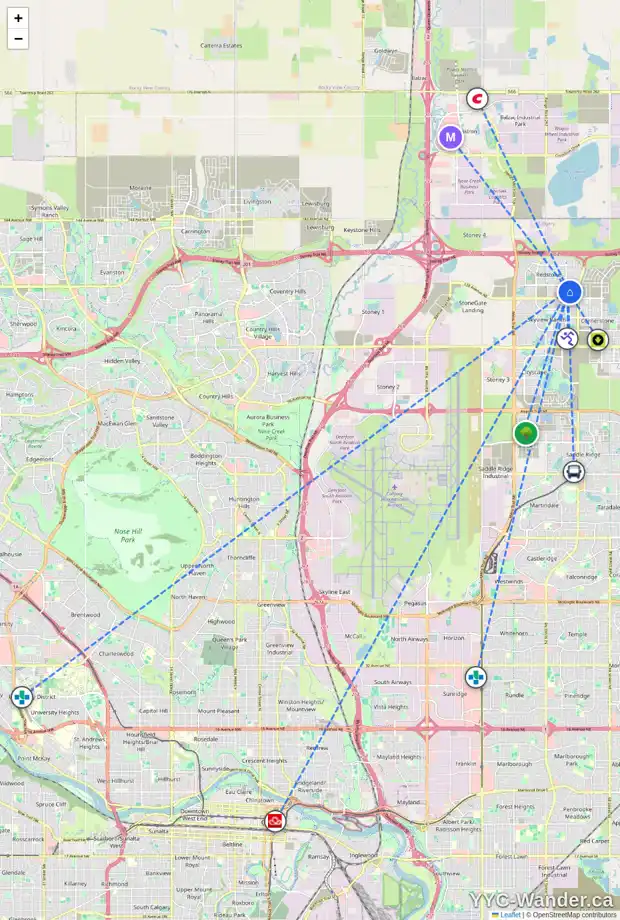 Daily accessibility map for 21 RED EMBERS CM NE, Calgary showing nearby schools, grocery stores, parks, LRT stations and nearby amenities