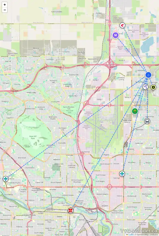 Daily accessibility map for 151 RED EMBERS CM NE, Calgary showing nearby schools, grocery stores, parks, LRT stations and nearby amenities