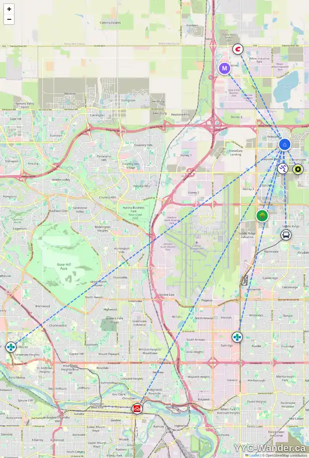 Daily accessibility map for 36 RED EMBERS CM NE, Calgary showing nearby schools, grocery stores, parks, LRT stations and nearby amenities