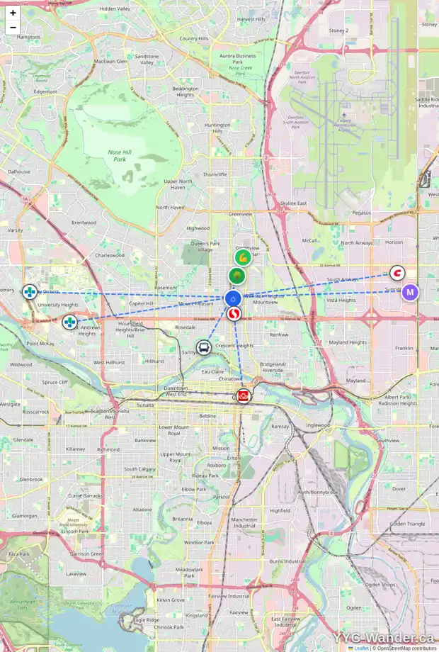 Daily accessibility map for 202 2308 CENTRE ST NE, Calgary showing nearby schools, grocery stores, parks, LRT stations and nearby amenities