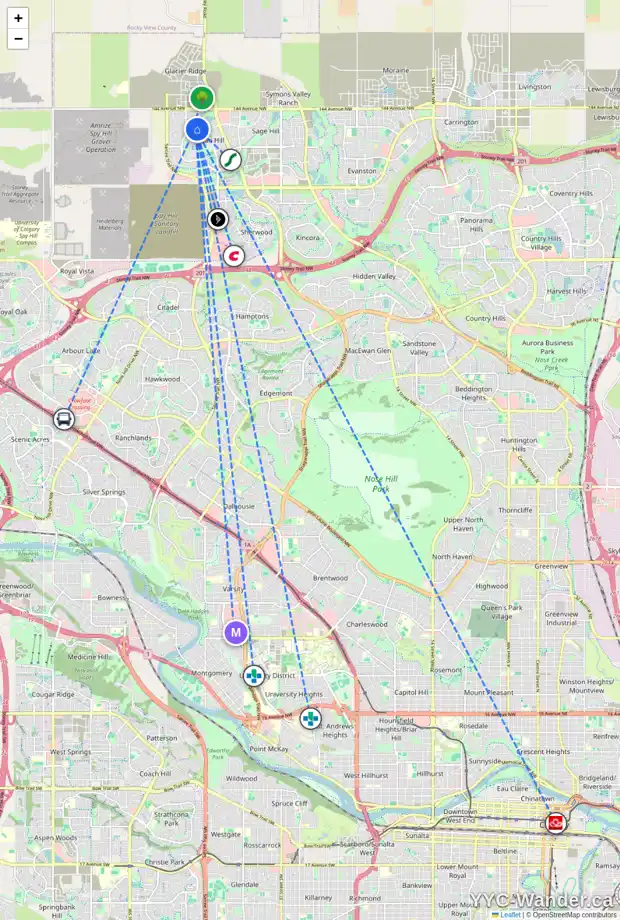 Daily accessibility map for 509 428 NOLAN HILL DR NW, Calgary showing nearby schools, grocery stores, parks, LRT stations and nearby amenities