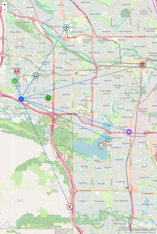 Daily accessibility map for 26 SPRINGBANK RI SW, Calgary showing nearby schools, grocery stores, parks, LRT stations and nearby amenities
