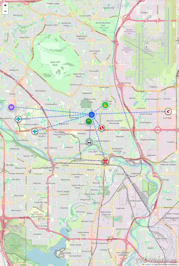 Daily accessibility map for 509 28 AV NW, Calgary showing nearby schools, grocery stores, parks, LRT stations and nearby amenities