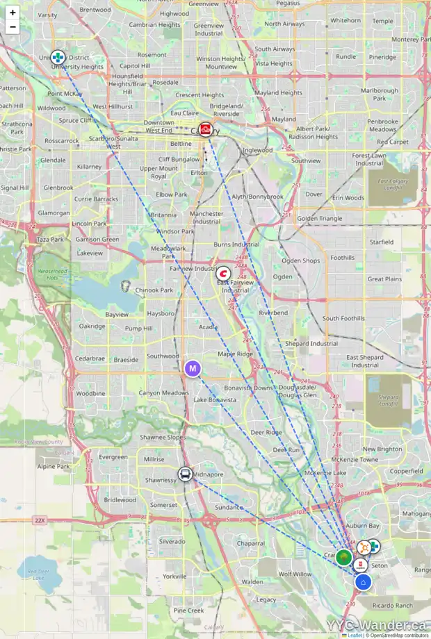 Daily accessibility map for 140 SETON TC SE, Calgary showing nearby schools, grocery stores, parks, LRT stations and nearby amenities