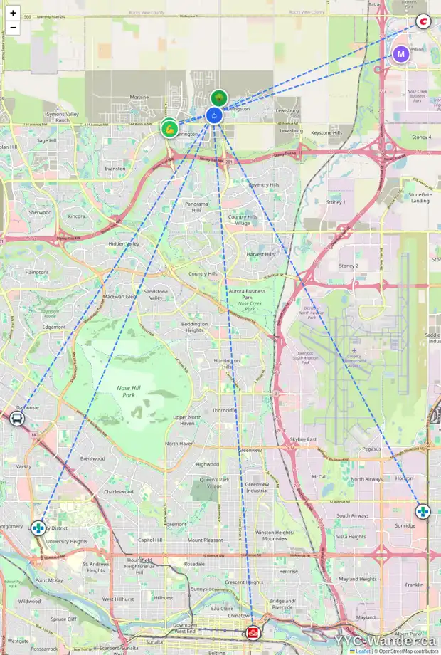 Daily accessibility map for 220 LUCAS MR NW, Calgary showing nearby schools, grocery stores, parks, LRT stations and nearby amenities