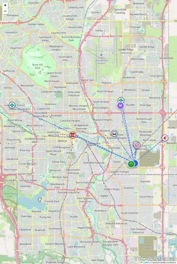 Daily accessibility map for 8 ERIN MEADOW GR SE, Calgary showing nearby schools, grocery stores, parks, LRT stations and nearby amenities