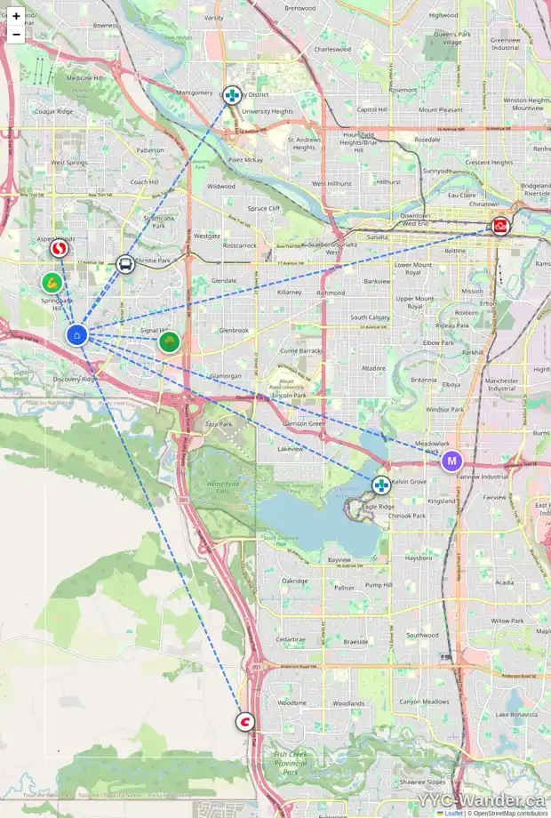 Daily accessibility map for 3689 SPRINGBANK DR SW, Calgary showing nearby schools, grocery stores, parks, LRT stations and nearby amenities