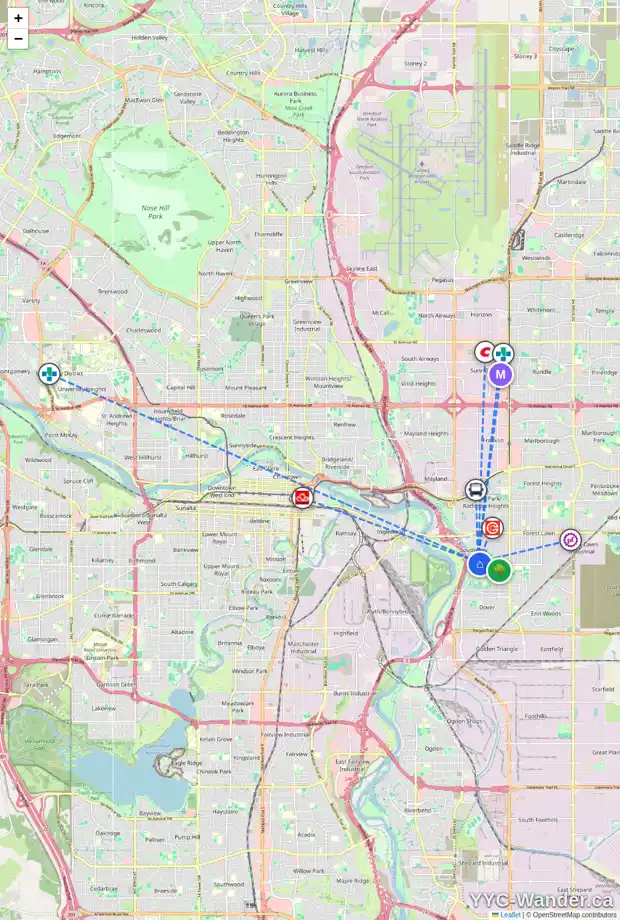 Daily accessibility map for 2521 DOGWOOD CR SE, Calgary showing nearby schools, grocery stores, parks, LRT stations and nearby amenities